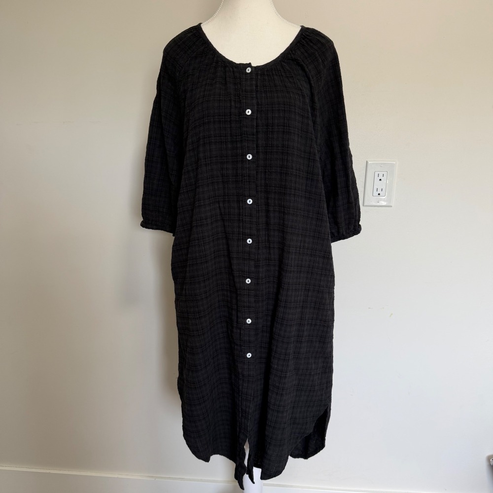 Paper Label Plaid Gauze Button Down Midi Dress Black Womens Size Small Lagenlook